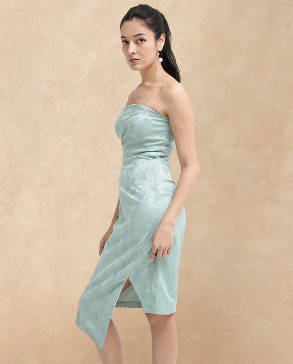 Rareism Women Krakow Light Blue Polyester Fabric Sleeveless Tube Neck Zipper Closure Textured Bodycon Knee Length Dress