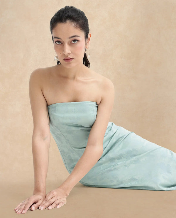 Rareism Women Krakow Light Blue Polyester Fabric Sleeveless Tube Neck Zipper Closure Textured Bodycon Knee Length Dress