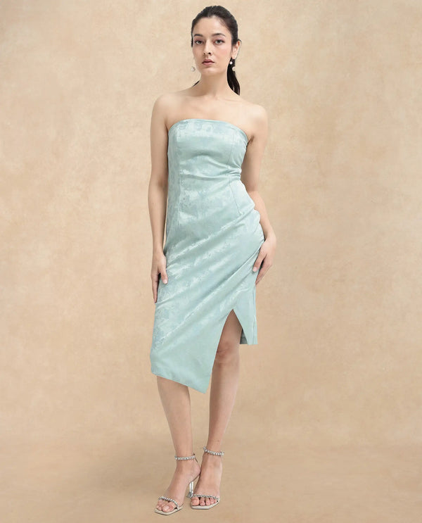 Rareism Women Krakow Light Blue Polyester Fabric Sleeveless Tube Neck Zipper Closure Textured Bodycon Knee Length Dress