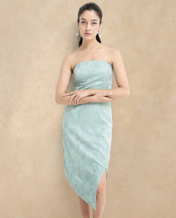 Rareism Women Krakow Light Blue Polyester Fabric Sleeveless Tube Neck Zipper Closure Textured Bodycon Knee Length Dress