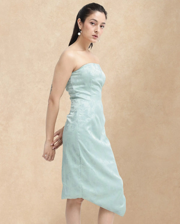 Rareism Women Krakow Light Blue Polyester Fabric Sleeveless Tube Neck Zipper Closure Textured Bodycon Knee Length Dress
