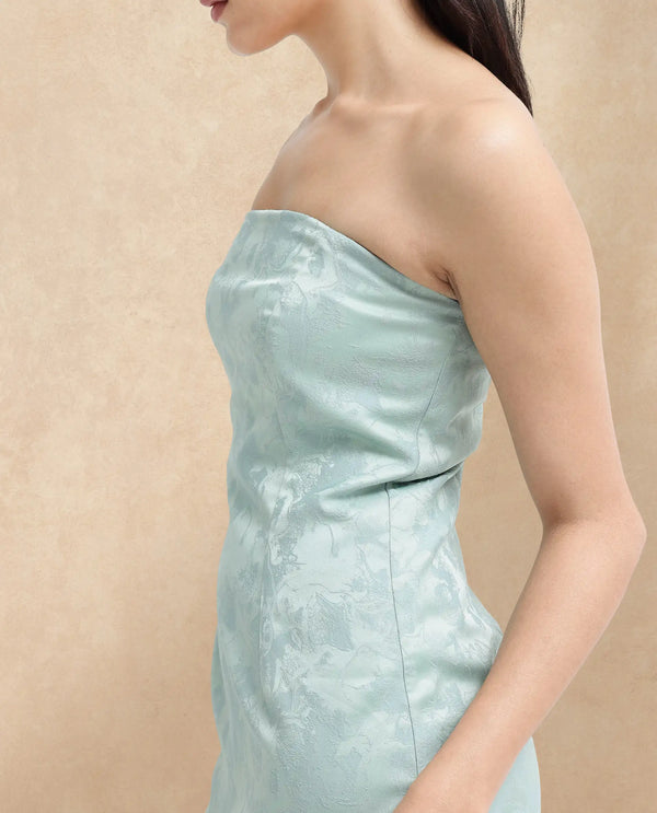 Rareism Women Krakow Light Blue Polyester Fabric Sleeveless Tube Neck Zipper Closure Textured Bodycon Knee Length Dress