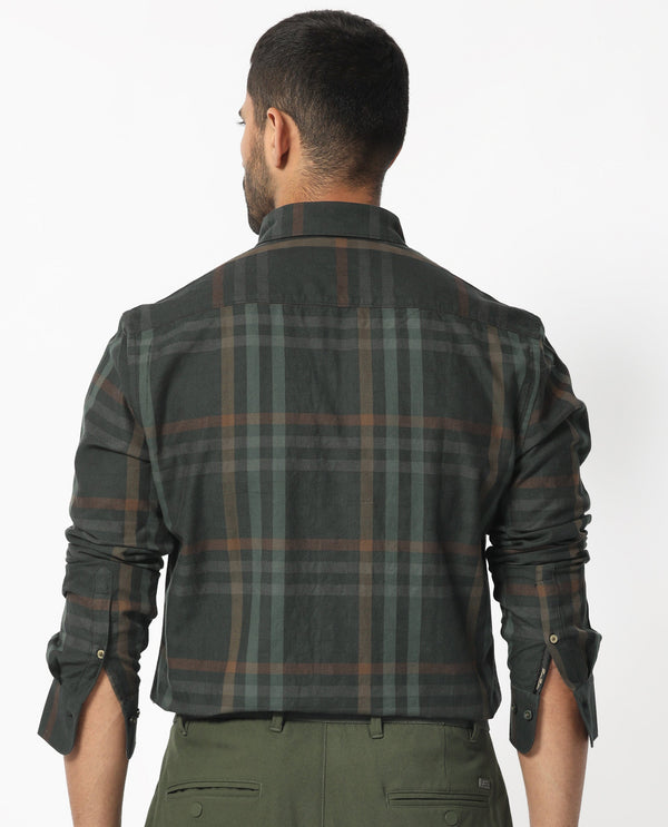 Rare Rabbit Men's Kram Dark Green Cotton Fabric Full Sleeves Checks Shirt