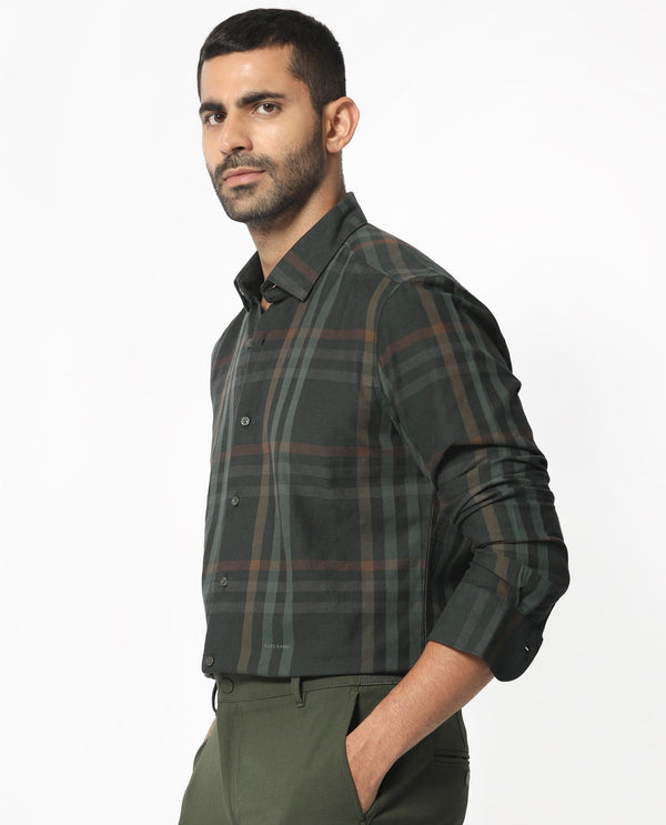 Rare Rabbit Men's Kram Dark Green Cotton Fabric Full Sleeves Checks Shirt