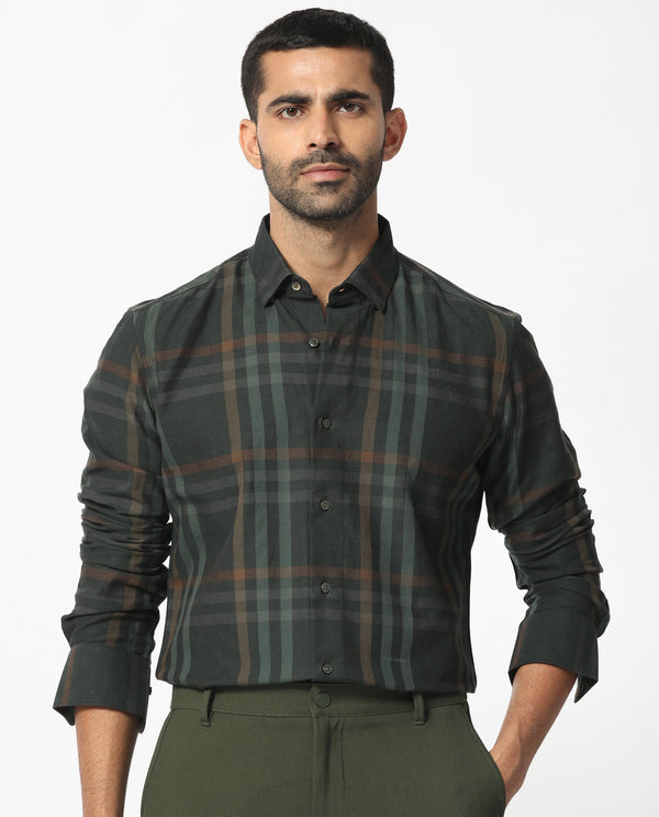 Rare Rabbit Men's Kram Dark Green Cotton Fabric Full Sleeves Checks Shirt