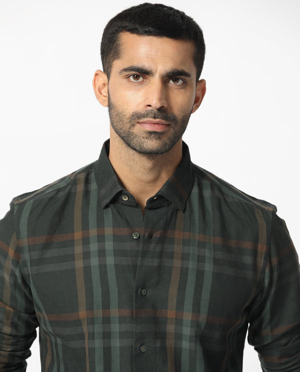 Rare Rabbit Men's Kram Dark Green Cotton Fabric Full Sleeves Checks Shirt