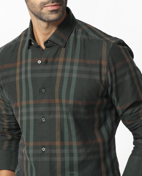 Rare Rabbit Men's Kram Dark Green Cotton Fabric Full Sleeves Checks Shirt