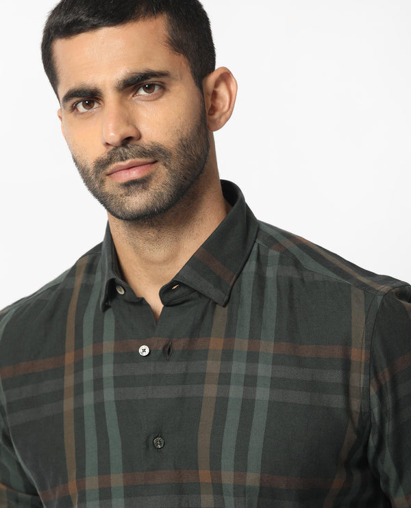 Rare Rabbit Men's Kram Dark Green Cotton Fabric Full Sleeves Checks Shirt