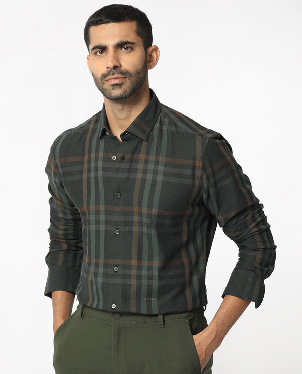 Rare Rabbit Men's Kram Dark Green Cotton Fabric Full Sleeves Checks Shirt