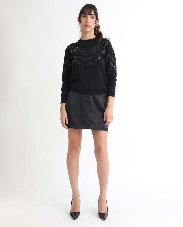 Rareism Women Kran Black Viscose Fabric Full Sleeves Regular Fit Sequined Round Neck Sweater
