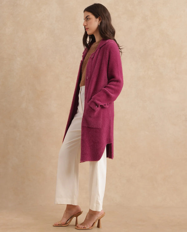 Rareism Women Krataz Dusky Maroon Cuffed Sleeve Collared Neck Button Closure Knee Length Plain Jacket
