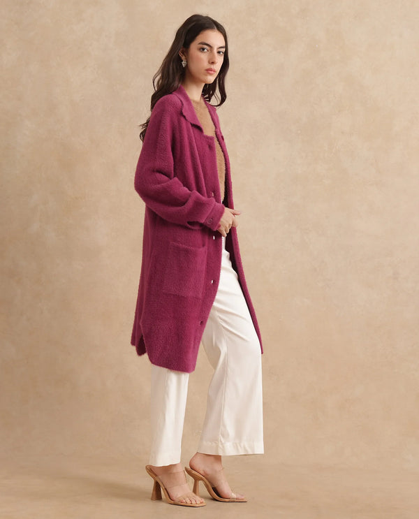 Rareism Women Krataz Dusky Maroon Cuffed Sleeve Collared Neck Button Closure Knee Length Plain Jacket