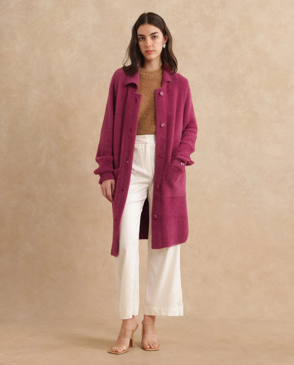 Rareism Women Krataz Dusky Maroon Cuffed Sleeve Collared Neck Button Closure Knee Length Plain Jacket