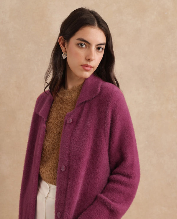 Rareism Women Krataz Dusky Maroon Cuffed Sleeve Collared Neck Button Closure Knee Length Plain Jacket