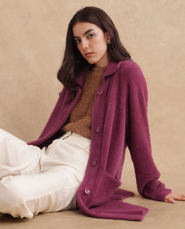 Rareism Women Krataz Dusky Maroon Cuffed Sleeve Collared Neck Button Closure Knee Length Plain Jacket