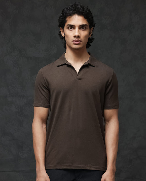 Rare Rabbit Mens Krib-2 Dark Olive Cotton Lycra Fabric Johnny Collar Half Sleeves Polo T-Shirt