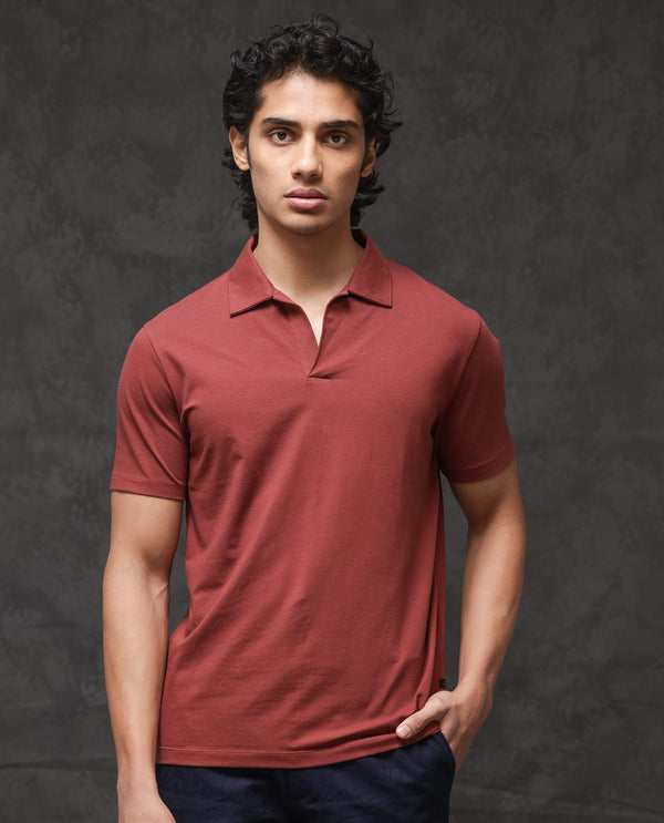 Rare Rabbit Mens Krib-2 Dusky Maroon Cotton Lycra Fabric Johnny Collar Half Sleeves Polo T-Shirt