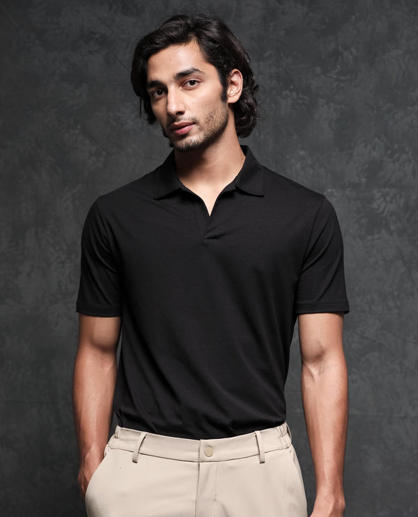 Rare Rabbit Men's Krib-1 Black Cotton Lycra Fabric Johnny Collar Half Sleeves Polo T-Shirt