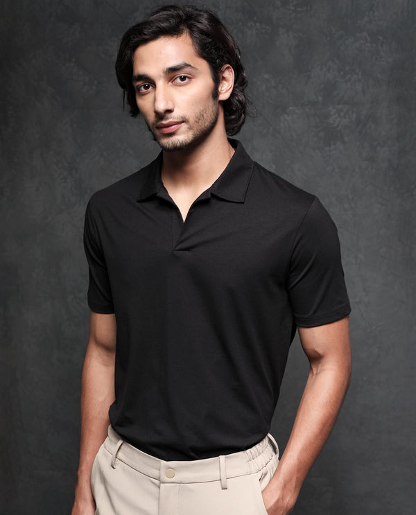 Rare Rabbit Men's Krib-1 Black Cotton Lycra Fabric Johnny Collar Half Sleeves Polo T-Shirt