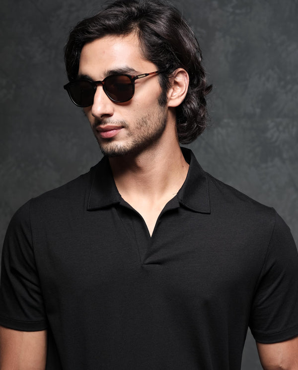 Rare Rabbit Men's Krib-1 Black Cotton Lycra Fabric Johnny Collar Half Sleeves Polo T-Shirt