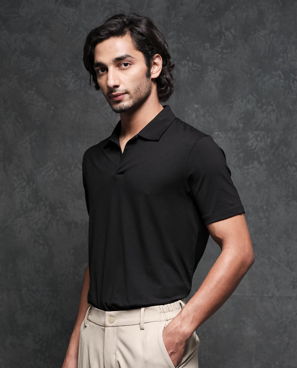 Rare Rabbit Men's Krib-1 Black Cotton Lycra Fabric Johnny Collar Half Sleeves Polo T-Shirt