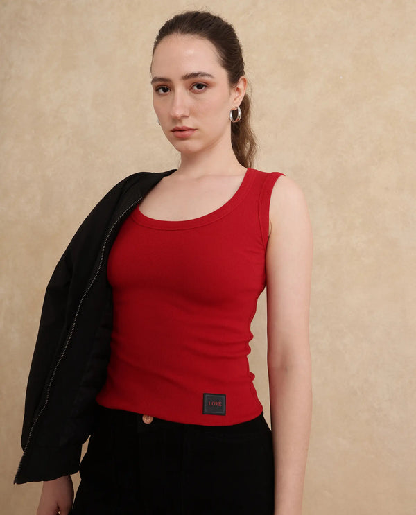 Rareism Women Krip Red Cotton Fabric Sleeveless Slim Fit Plain T-Shirt