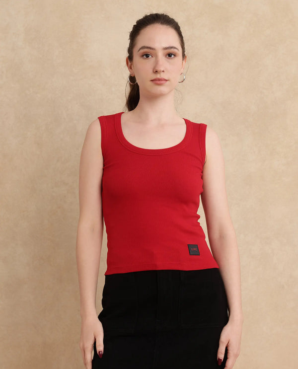 Rareism Women Krip Red Cotton Fabric Sleeveless Slim Fit Plain T-Shirt