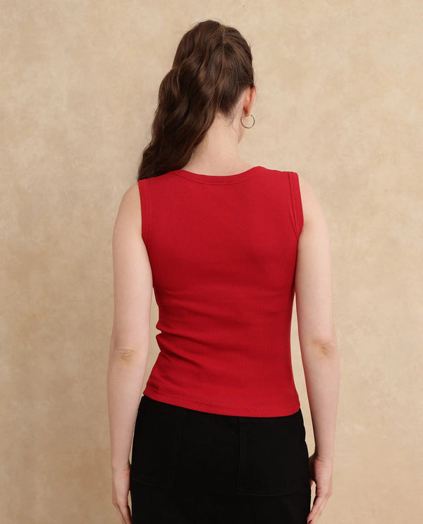 Rareism Women Krip Red Cotton Fabric Sleeveless Slim Fit Plain T-Shirt