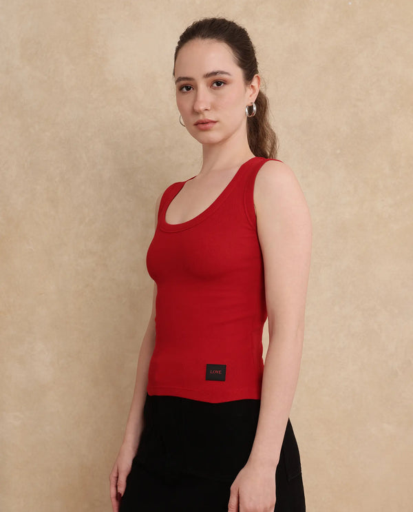 Rareism Women Krip Red Cotton Fabric Sleeveless Slim Fit Plain T-Shirt