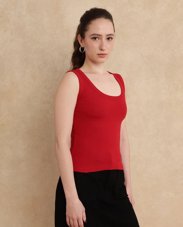 Rareism Women Krip Red Cotton Fabric Sleeveless Slim Fit Plain T-Shirt