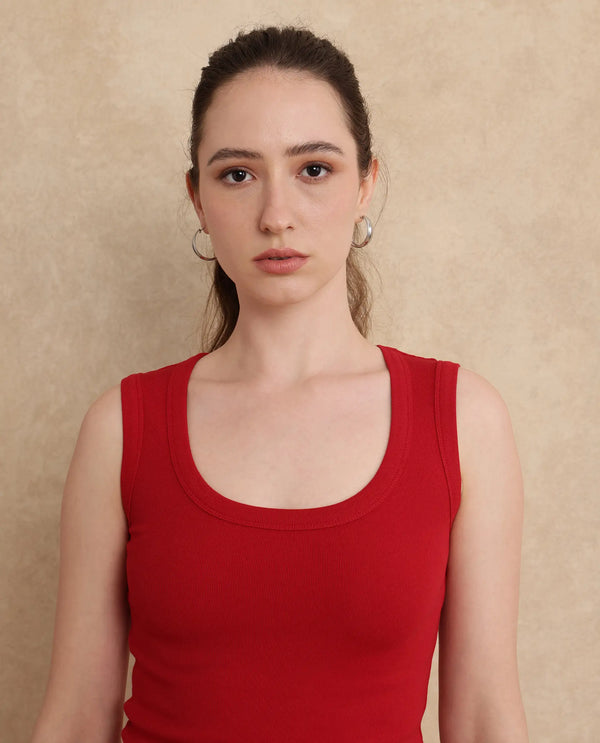 Rareism Women Krip Red Cotton Fabric Sleeveless Slim Fit Plain T-Shirt