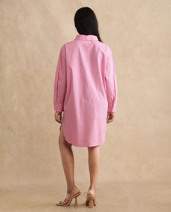 Rareism Women Krism Light Pink Cuffed Sleeve Collared Neck Button Closure Relaxed Fit Mini Plain Dress