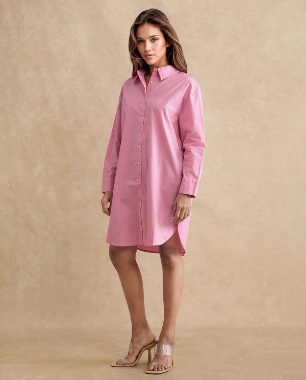 Rareism Women Krism Light Pink Cuffed Sleeve Collared Neck Button Closure Relaxed Fit Mini Plain Dress