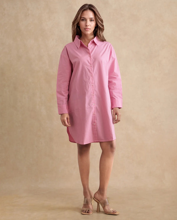 Rareism Women Krism Light Pink Cuffed Sleeve Collared Neck Button Closure Relaxed Fit Mini Plain Dress