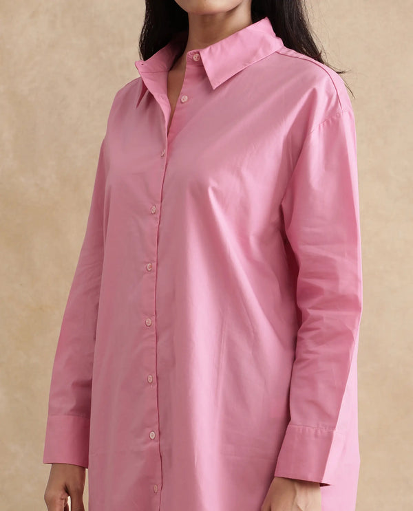Rareism Women Krism Light Pink Cuffed Sleeve Collared Neck Button Closure Relaxed Fit Mini Plain Dress