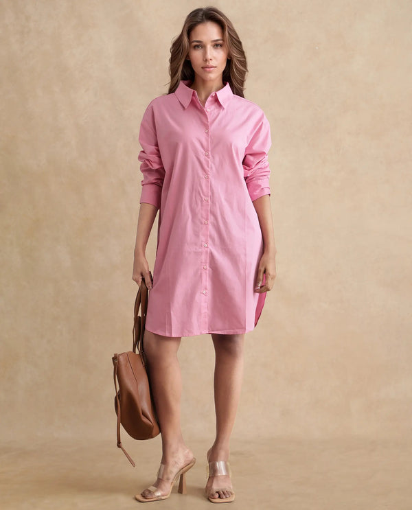 Rareism Women Krism Light Pink Cuffed Sleeve Collared Neck Button Closure Relaxed Fit Mini Plain Dress