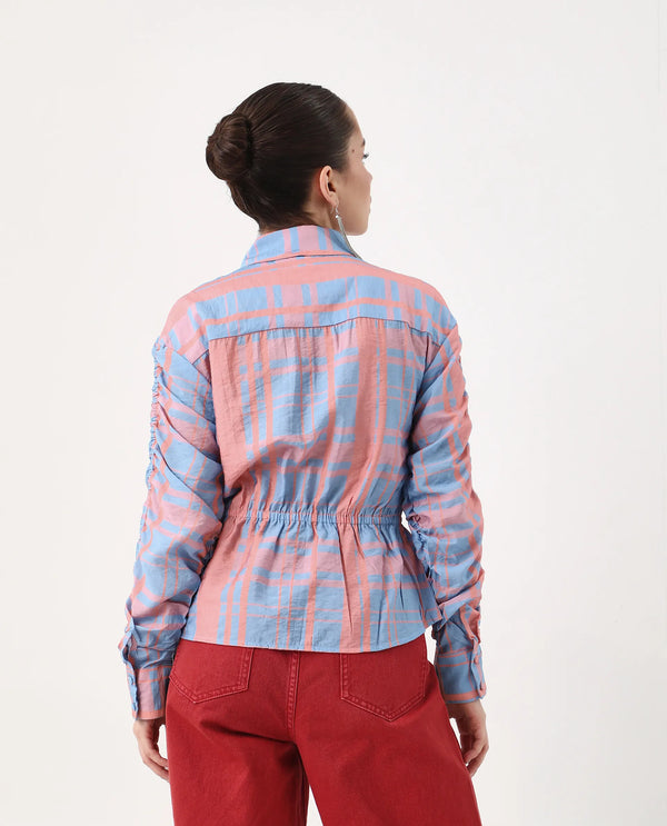 Rareism Women Kulda Light Blue Cuffed Sleeve Collared Neck Regular Fit Flannel Print Top