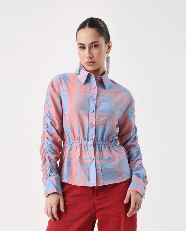 Rareism Women Kulda Light Blue Cuffed Sleeve Collared Neck Regular Fit Flannel Print Top