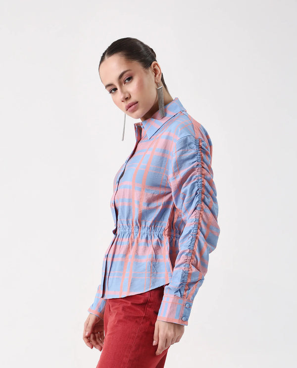 Rareism Women Kulda Light Blue Cuffed Sleeve Collared Neck Regular Fit Flannel Print Top