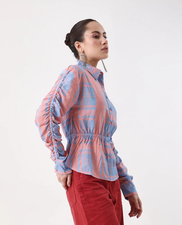 Rareism Women Kulda Light Blue Cuffed Sleeve Collared Neck Regular Fit Flannel Print Top