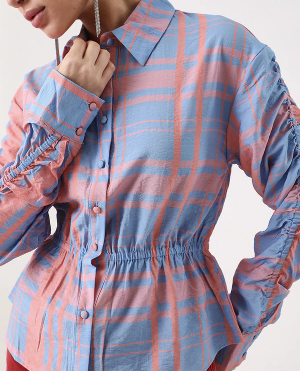 Rareism Women Kulda Light Blue Cuffed Sleeve Collared Neck Regular Fit Flannel Print Top