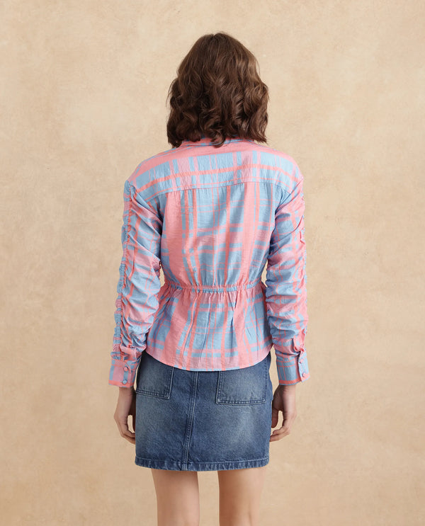 Rareism Women Kulda Light Blue Cuffed Sleeve Collared Neck Regular Fit Flannel Print Top