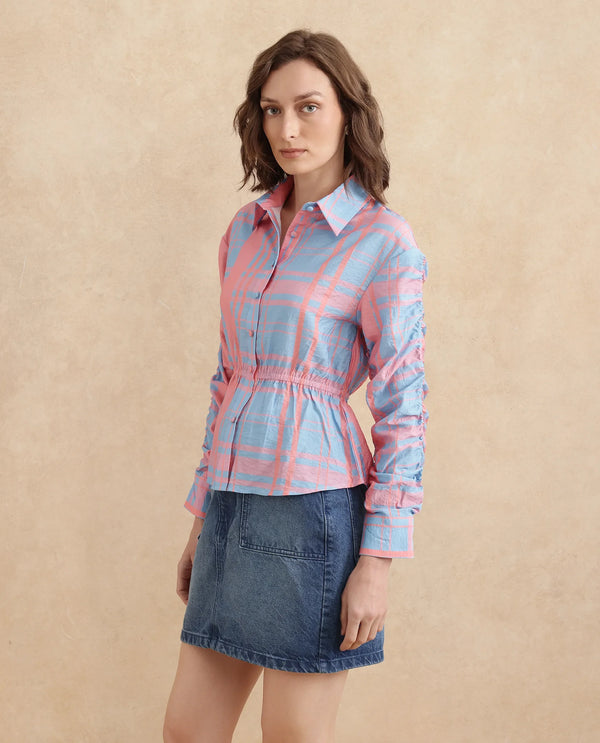 Rareism Women Kulda Light Blue Cuffed Sleeve Collared Neck Regular Fit Flannel Print Top
