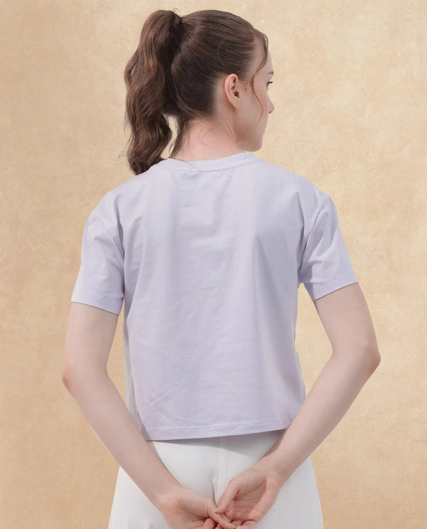Rareism Women Kuncro Pastel Purple Cotton Elastane Fabric Crew Neck Knit Solid T-Shirt