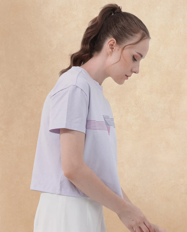 Rareism Women Kuncro Pastel Purple Cotton Elastane Fabric Crew Neck Knit Solid T-Shirt