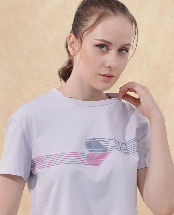 Rareism Women Kuncro Pastel Purple Cotton Elastane Fabric Crew Neck Knit Solid T-Shirt