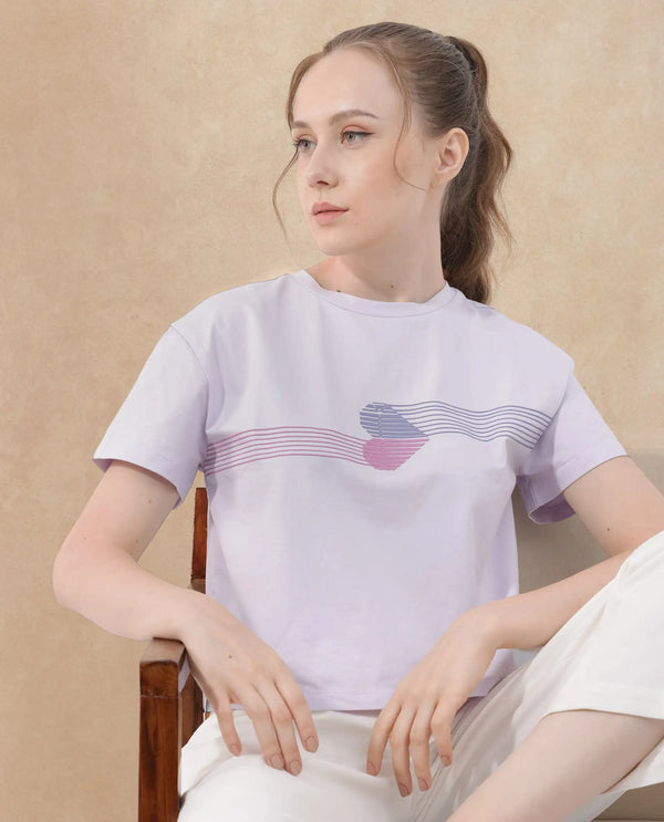 Rareism Women Kuncro Pastel Purple Cotton Elastane Fabric Crew Neck Knit Solid T-Shirt