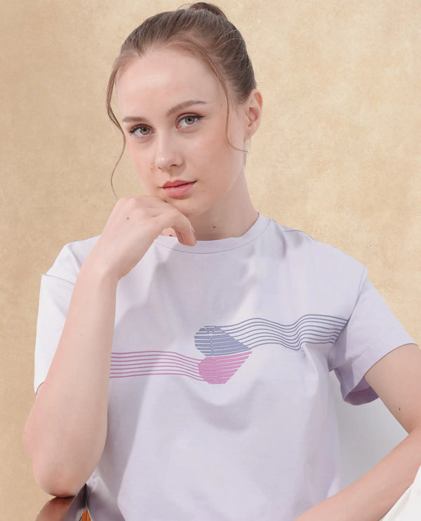 Rareism Women Kuncro Pastel Purple Cotton Elastane Fabric Crew Neck Knit Solid T-Shirt