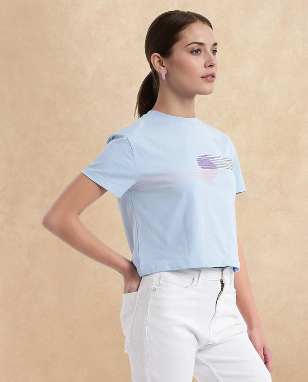 Rareism Women Kuncro Light Blue Cotton Elastane Fabric Crew Neck Knit Solid T-Shirt