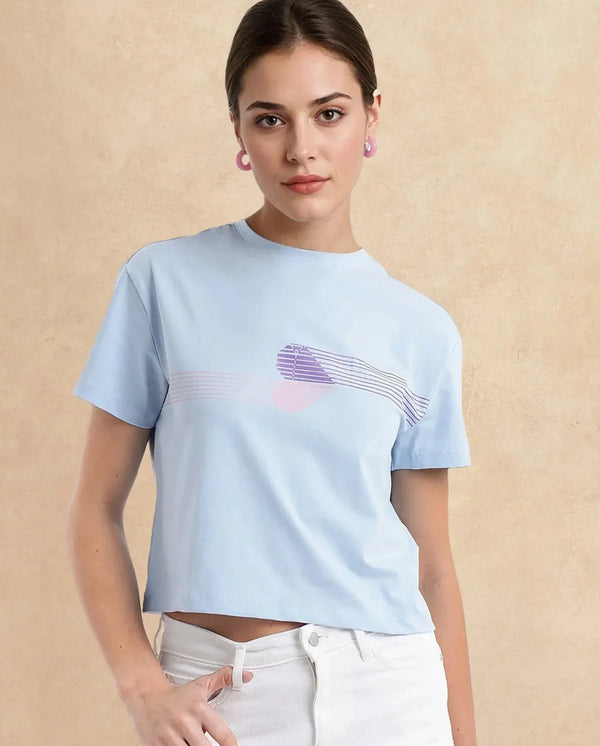 Rareism Women Kuncro Light Blue Cotton Elastane Fabric Crew Neck Knit Solid T-Shirt